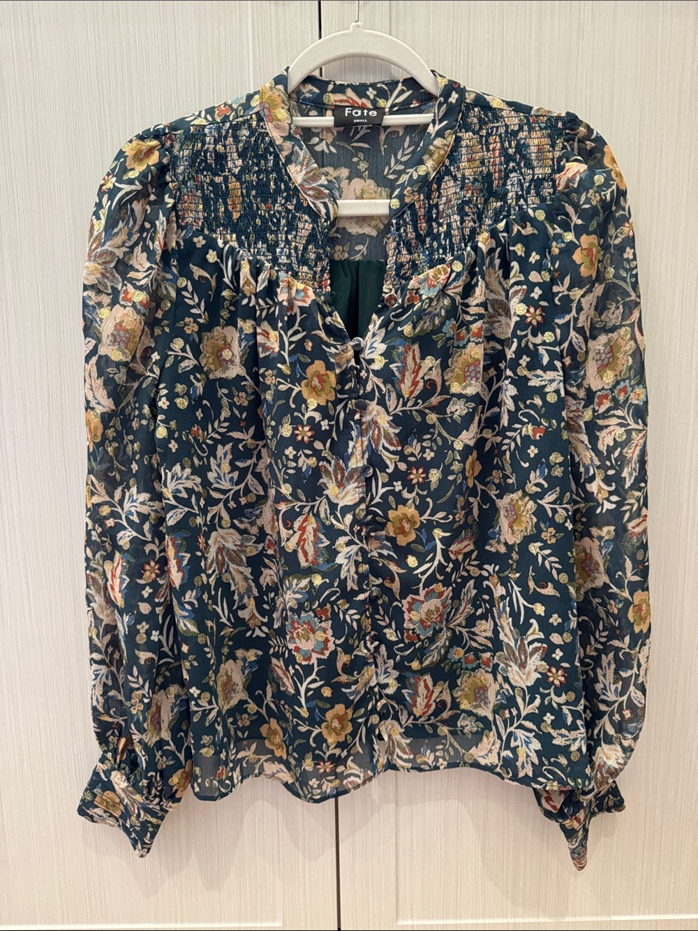 Fate Dark Green Floral Smocked Yoke Blouse